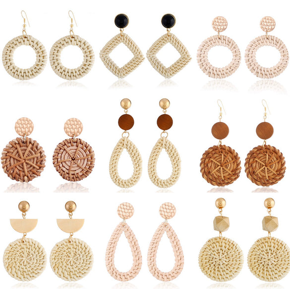 Wholesale Bohemian Wood Rattan Earrings Set With Geometric Pattern And Electroplating