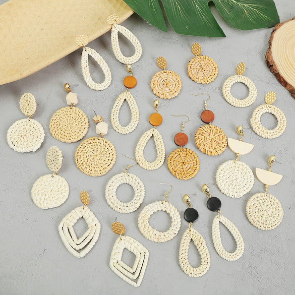Wholesale Bohemian Wood Rattan Earrings Set With Geometric Pattern And Electroplating