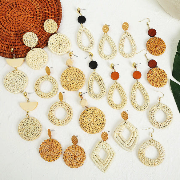 Wholesale Bohemian Wood Rattan Earrings Set With Geometric Pattern And Electroplating