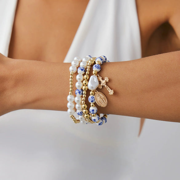 Wholesale Bracelet Alloy Retro Geometric Style Electroplating Imitation Pearl Beaded Metal Cross Pendant