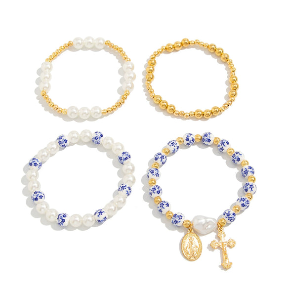 Wholesale Bracelet Alloy Retro Geometric Style Electroplating Imitation Pearl Beaded Metal Cross Pendant