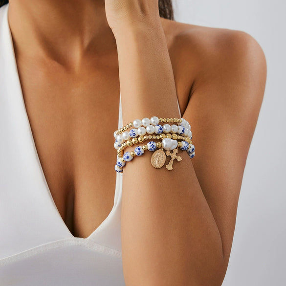 Wholesale Bracelet Alloy Retro Geometric Style Electroplating Imitation Pearl Beaded Metal Cross Pendant