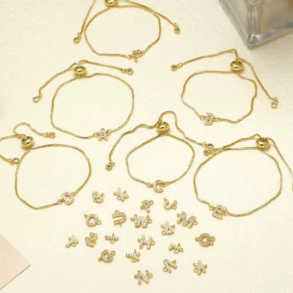 Wholesale Bracelet Copper Plated With Real Gold Full Of Zirconium English Letter Design