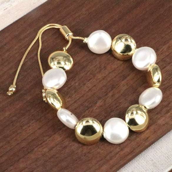 Wholesale Bracelet Gold Plated Copper Bead Geometric Style Woven Pearl Electroplated