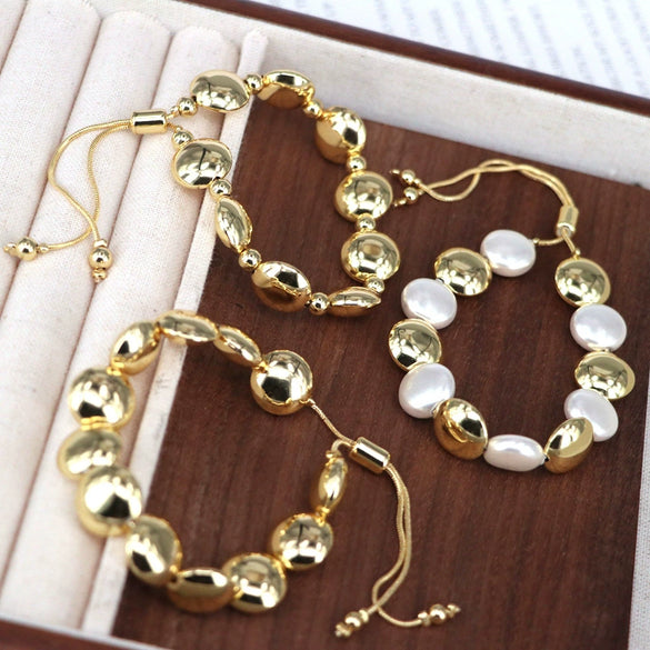 Wholesale Bracelet Gold Plated Copper Bead Geometric Style Woven Pearl Electroplated