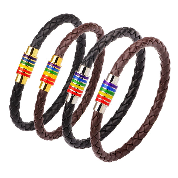 Wholesale Bracelet Leather Stainless Steel Rainbow Enamel Metal Pieces Electroplated Trendy Jewelry Unisex