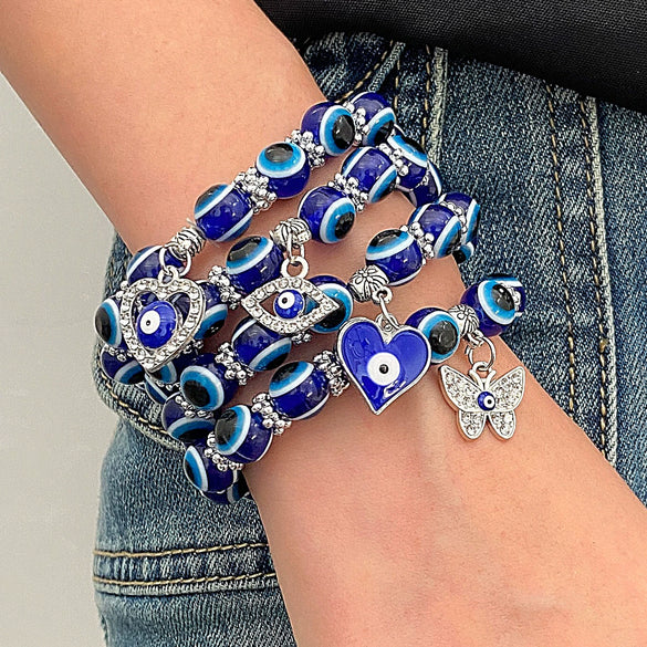 Wholesale Bracelet Resin Round Beads Devil's Eye Butterfly Love Fatima's Hand Pendant Handmade Unisex