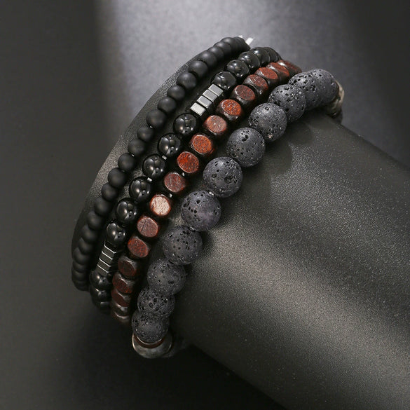 Wholesale Bracelet Set Volcanic Stone Black Matte Wood Bead Black Gallstone Geometric Handmade Unisex Hiphop Style
