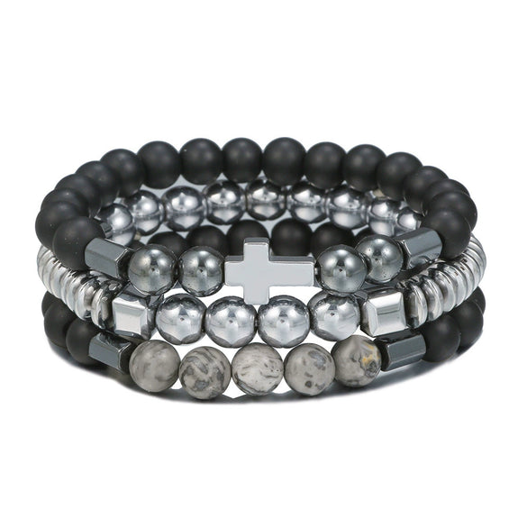 Wholesale Bracelet Set Volcanic Stone Black Matte Wood Bead Black Gallstone Geometric Handmade Unisex Hiphop Style