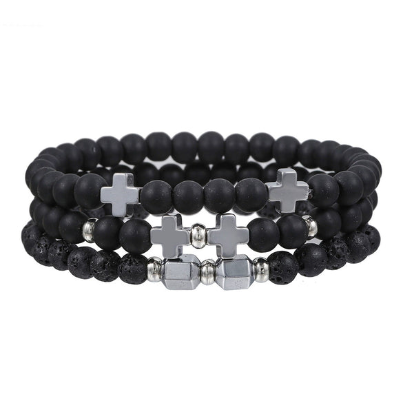 Wholesale Bracelet Set Volcanic Stone Black Matte Wood Bead Black Gallstone Geometric Handmade Unisex Hiphop Style