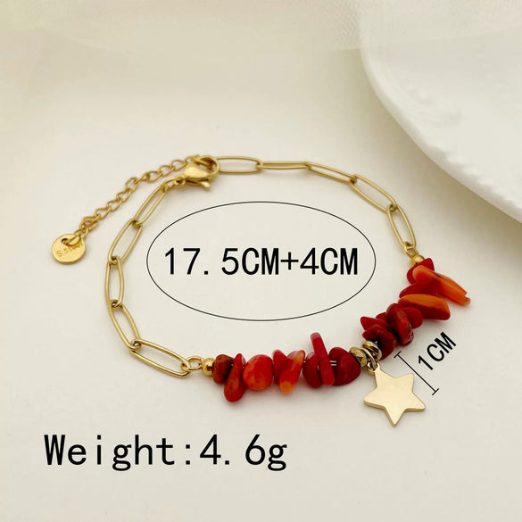 Wholesale Bracelet Stainless Steel Geometric Fivepointed Star Stitching Red Gravel Electroplating French Retro Rococo Style