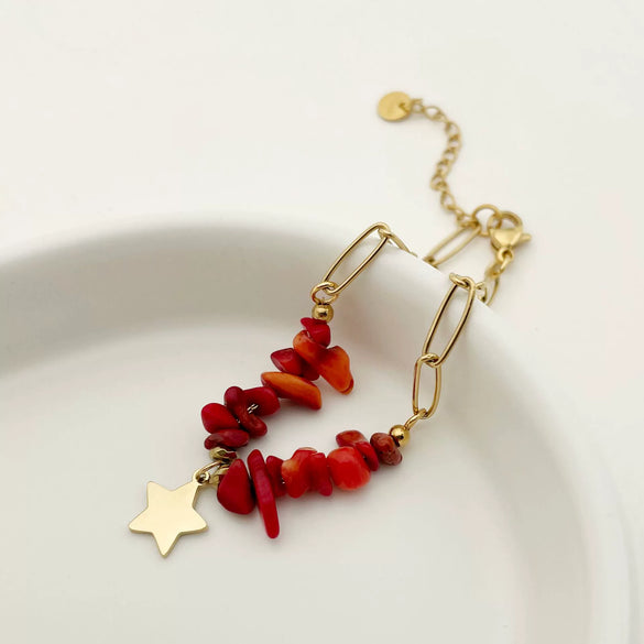Wholesale Bracelet Stainless Steel Geometric Fivepointed Star Stitching Red Gravel Electroplating French Retro Rococo Style