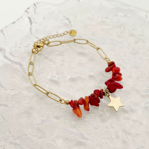 Wholesale Bracelet Stainless Steel Geometric Fivepointed Star Stitching Red Gravel Electroplating French Retro Rococo Style