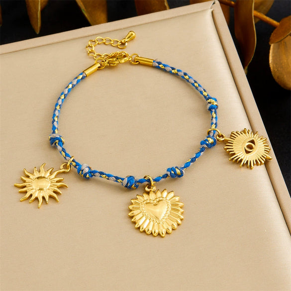 Wholesale Bracelet Stainless Steel Goldplated Retro Color Rope Braided Knotted Heart Shape Pendant