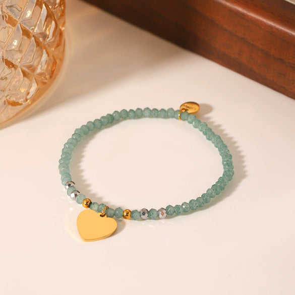 Wholesale Bracelet Stainless Steel Green Natural Stone Beaded Geometric Heart Shape Electroplated Jewelry For Women