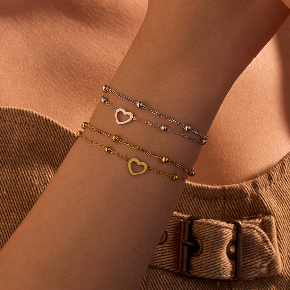 Wholesale Bracelet Stainless Steel 18K Gold Electroplated Double Layer Heart Stacked Fashionable Versatile