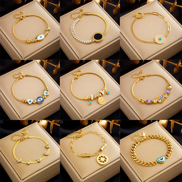 Wholesale Bracelet Titanium Steel Gold Plated Diamond Embedded Retro Love Eyes Round Style For Women