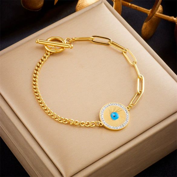 Wholesale Bracelet Titanium Steel Gold Plated Diamond Embedded Retro Love Eyes Round Style For Women