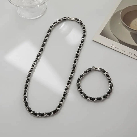 Wholesale Bracelet Titanium Steel Leather Ushape Cuban Chain Polishing Design Sense Unisex