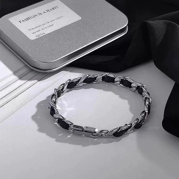 Wholesale Bracelet Titanium Steel Leather Ushape Cuban Chain Polishing Design Sense Unisex