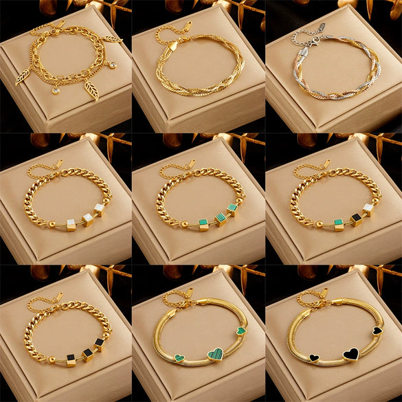 Wholesale Bracelet Titanium Steel Square Geometric Goldplated Heavy Industry Chain Oil Leaf Fashion Design