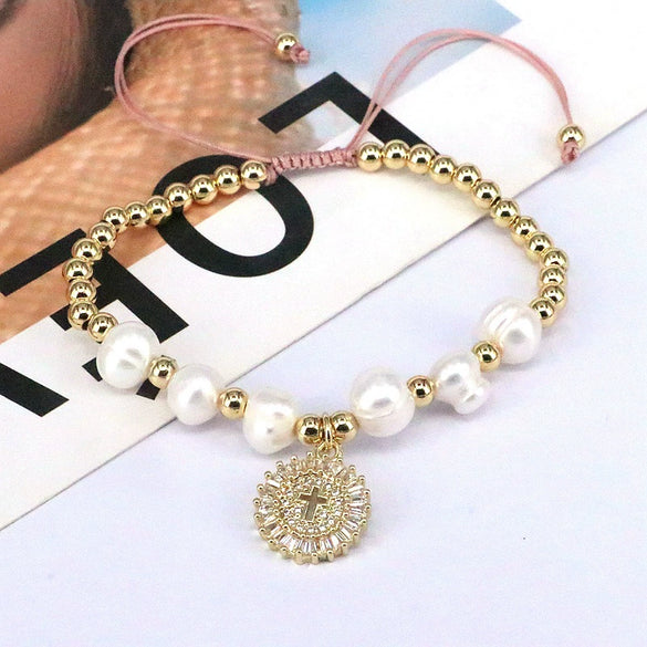 Wholesale Bracelet Virgin Copper Beaded Natural Pearl Star Geometric Gold Plated Electroplated For Women
