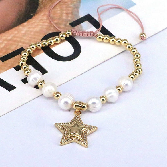 Wholesale Bracelet Virgin Copper Beaded Natural Pearl Star Geometric Gold Plated Electroplated For Women