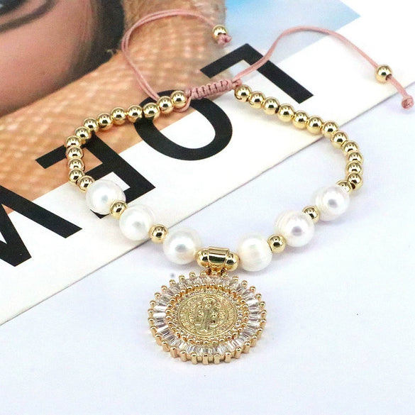 Wholesale Bracelet Virgin Copper Beaded Natural Pearl Star Geometric Gold Plated Electroplated For Women