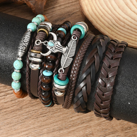 Wholesale Bracelet Zinc Alloy Geometric Hand Knitting Vintage Style Cow Head Feather Wooden Beads Unisex