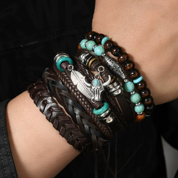 Wholesale Bracelet Zinc Alloy Geometric Hand Knitting Vintage Style Cow Head Feather Wooden Beads Unisex