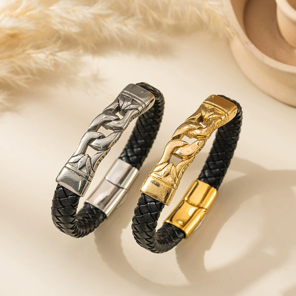 Wholesale Braided Leather Rope Unisex Retro Geometric Stainless Steel Bracelet With Magnetic Buckle