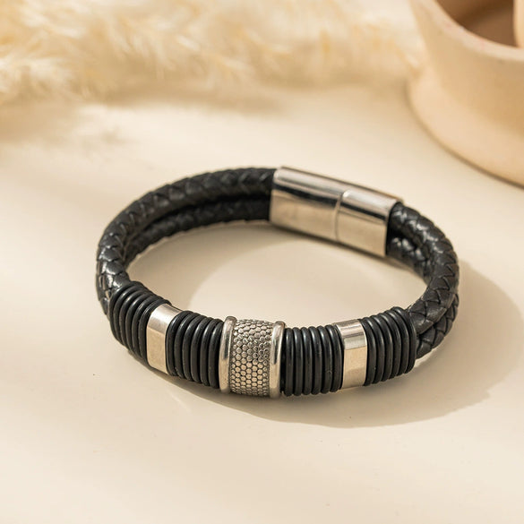 Wholesale Braided Leather Rope Unisex Retro Geometric Stainless Steel Bracelet With Magnetic Buckle