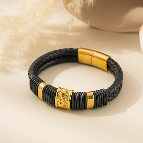 Wholesale Braided Leather Rope Unisex Retro Geometric Stainless Steel Bracelet With Magnetic Buckle