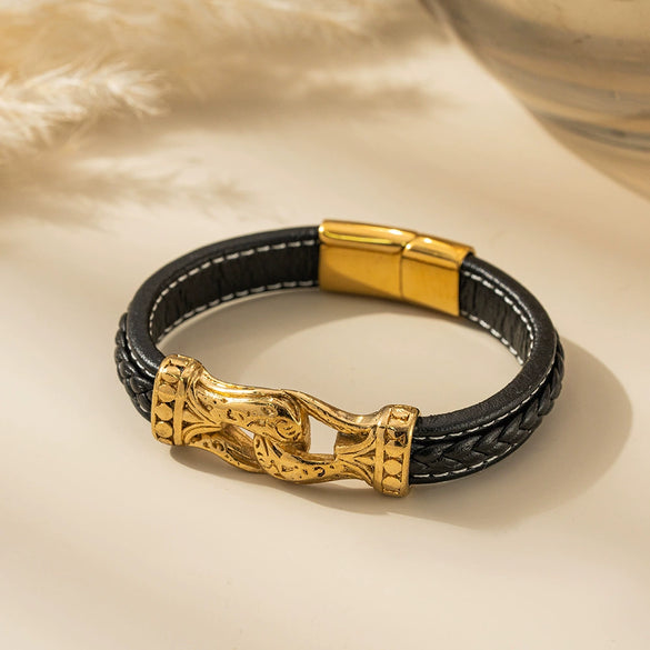 Wholesale Braided Leather Rope Unisex Retro Geometric Stainless Steel Bracelet With Magnetic Buckle