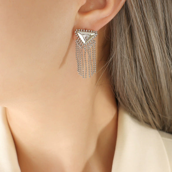 Wholesale Brass And Titanium Steel Geometric Triangular Tassel Earrings For Women With Electroplating