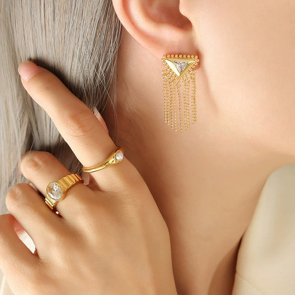 Wholesale Brass And Titanium Steel Geometric Triangular Tassel Earrings For Women With Electroplating