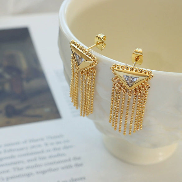 Wholesale Brass And Titanium Steel Geometric Triangular Tassel Earrings For Women With Electroplating