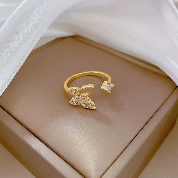 Wholesale Brass Cartoon Crown Style Hollow Butterfly Full Diamond Opening Adjustable Electroplated Women's Ring Bracelet