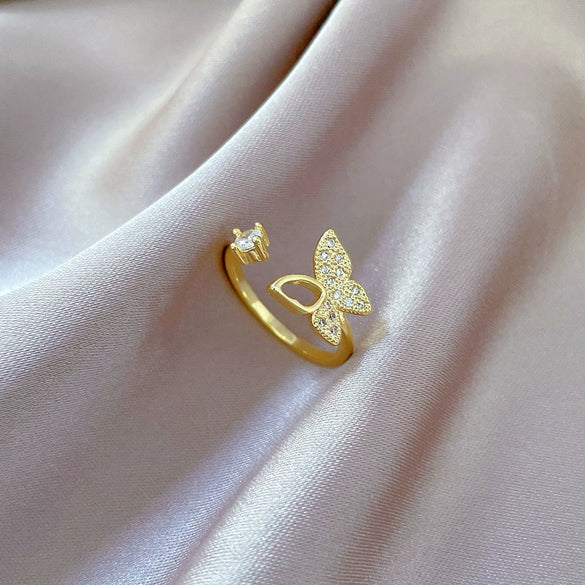 Wholesale Brass Cartoon Crown Style Hollow Butterfly Full Diamond Opening Adjustable Electroplated Women's Ring Bracelet