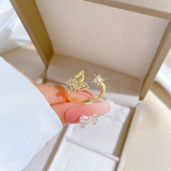 Wholesale Brass Cartoon Crown Style Hollow Butterfly Full Diamond Opening Adjustable Electroplated Women's Ring Bracelet