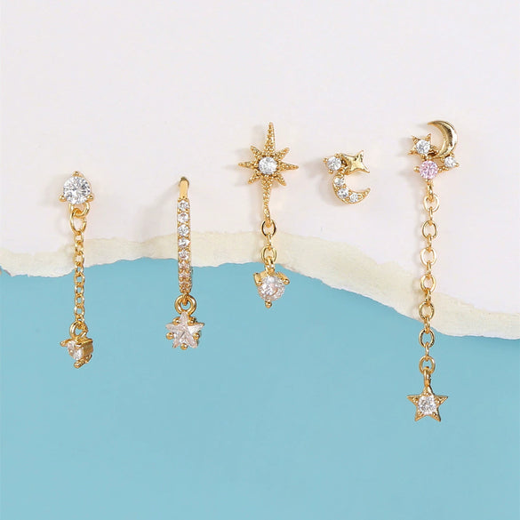 Wholesale Brass Earrings With Star And Moon Elements And Inlaid Zircon