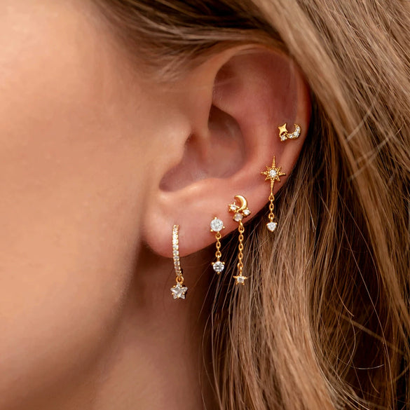 Wholesale Brass Earrings With Star And Moon Elements And Inlaid Zircon