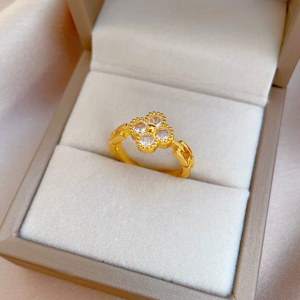 Wholesale Brass Open Ring With Clover And The Crown Pattern Gold Plated Cartoon Style For Women