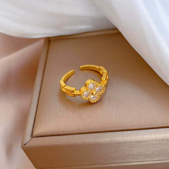 Wholesale Brass Open Ring With Clover And The Crown Pattern Gold Plated Cartoon Style For Women