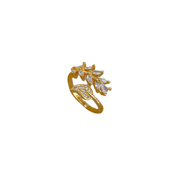 Wholesale Brass Ring With Real Gold Plating Open Leaf Zircon Microinlaid The Crown Design For Women