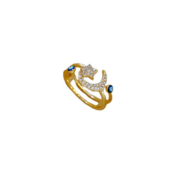 Wholesale Brass Ring With Real Gold Plating Open Star Moon Design Microinlaid The Crown Style For Women