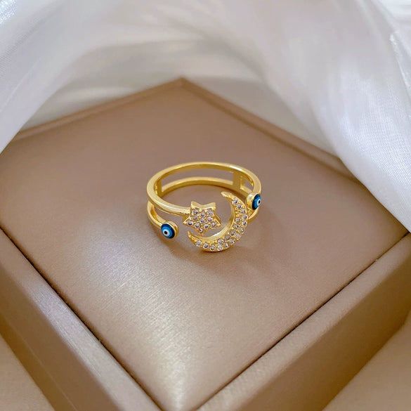 Wholesale Brass Ring With Real Gold Plating Open Star Moon Design Microinlaid The Crown Style For Women