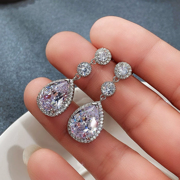 Wholesale Bridal Banquet Drop Shape Copper Earrings Inlaid With Zircon