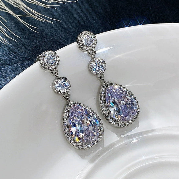 Wholesale Bridal Banquet Drop Shape Copper Earrings Inlaid With Zircon