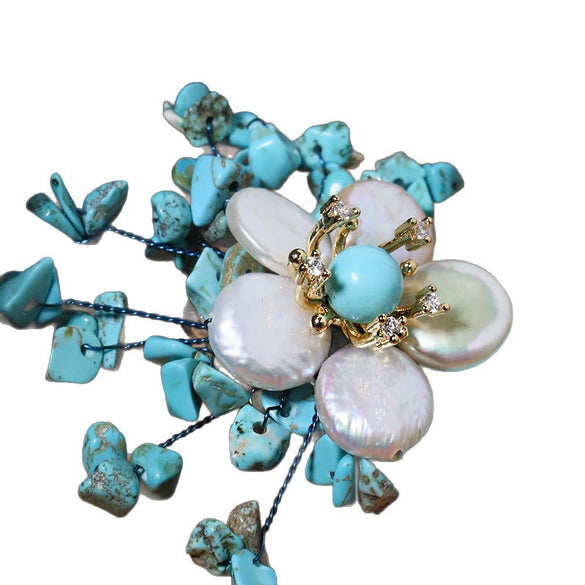 Wholesale Brooch Natural Pearl Turquoise Vintage Flower Electroplated